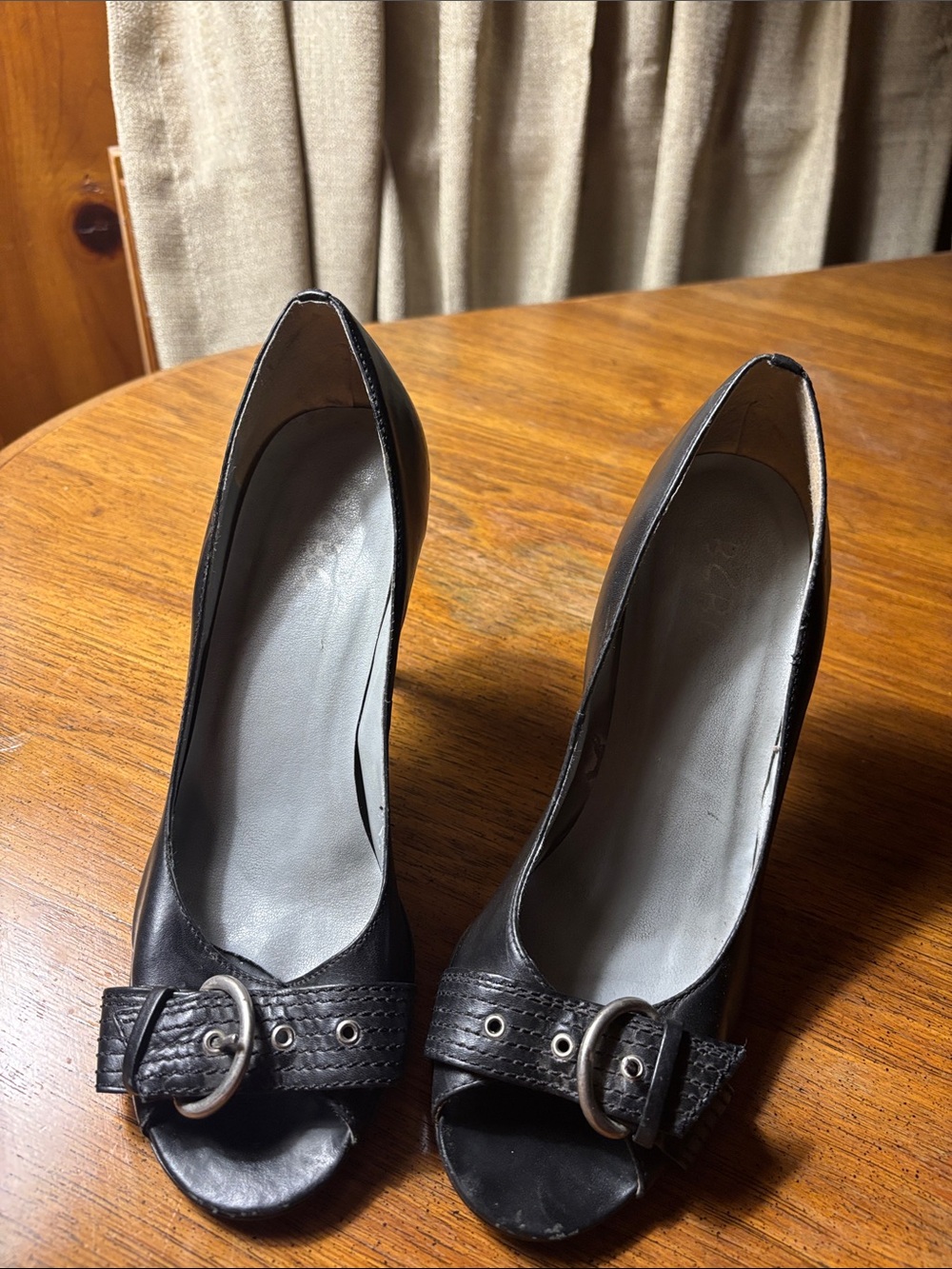 BCBG Black Peep-Toe Heels with front buckles